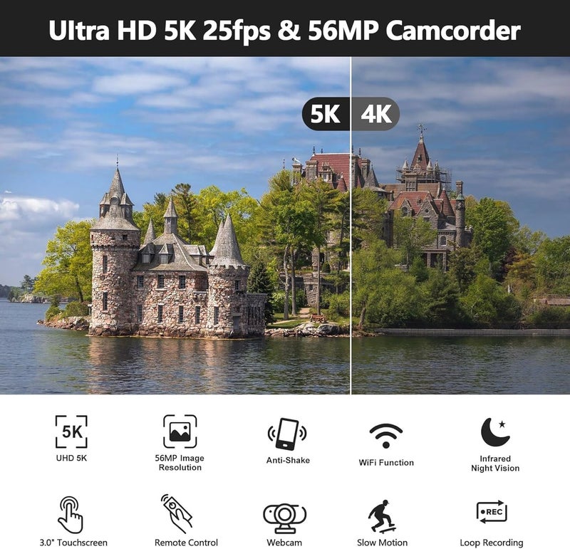 FIREFOTO Camcorder Video Camera, 5K Video Cameras for Filming Night Vision Vlogging Camera for YouTube with 3" Touch Screen, Digital Camcorder with 16X Zoom Wifi Microphone Remote Tripod 64GB Card 2 Batteries - Image 2